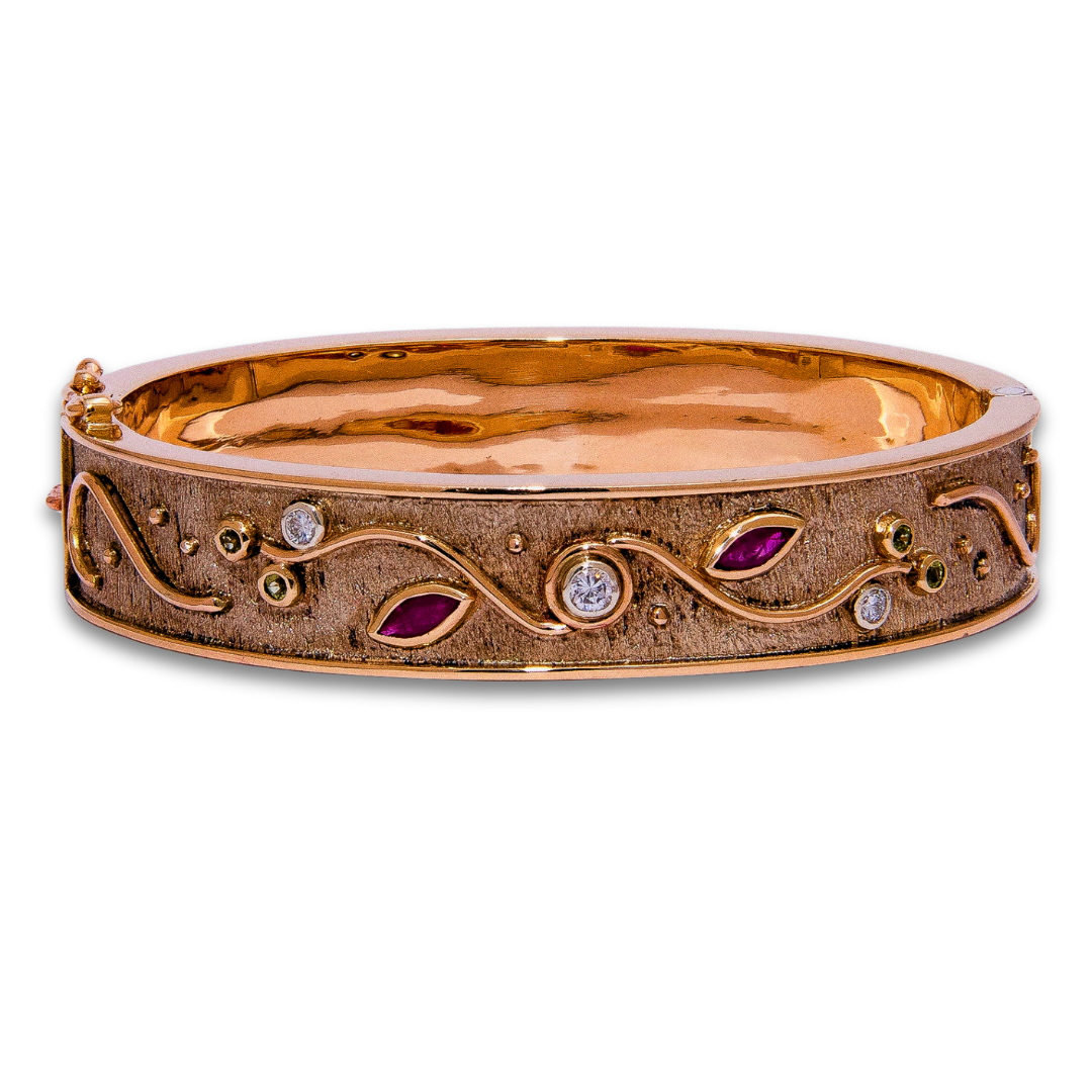 Diamond, Ruby and Peridot Unique Bangle in Yellow Gold