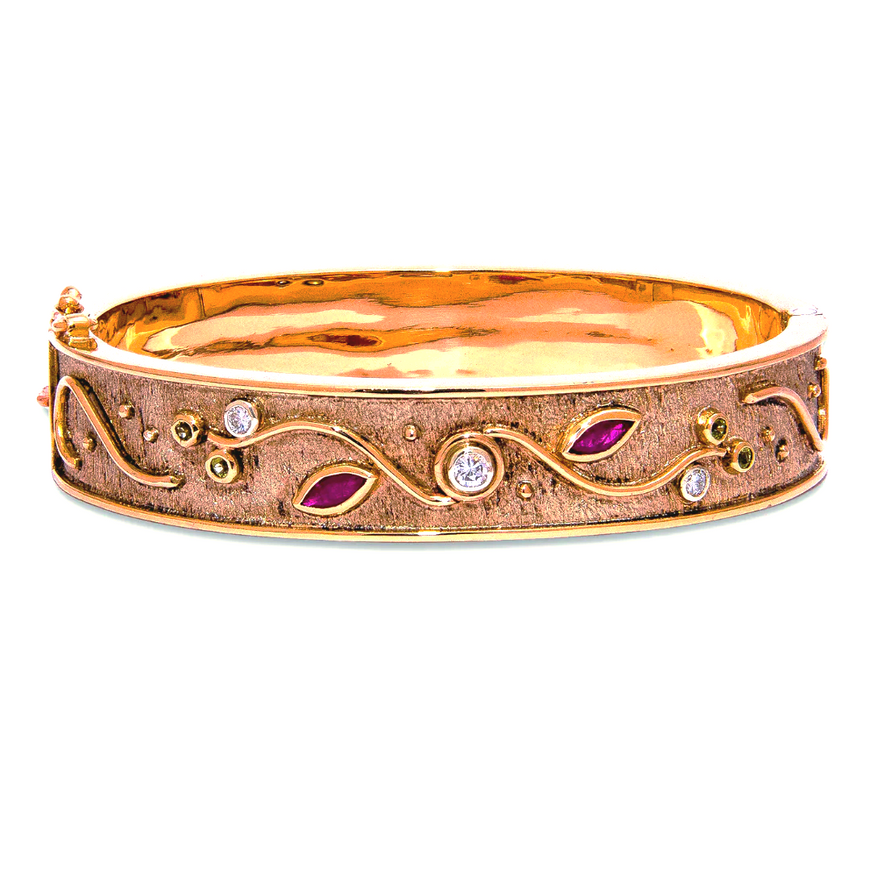 0.82ct Diamond, Ruby and Peridot Unique Bangle in 9ct Yellow Gold
