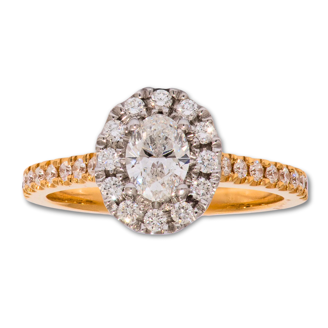 Oval Diamond Halo Ring in Yellow Gold