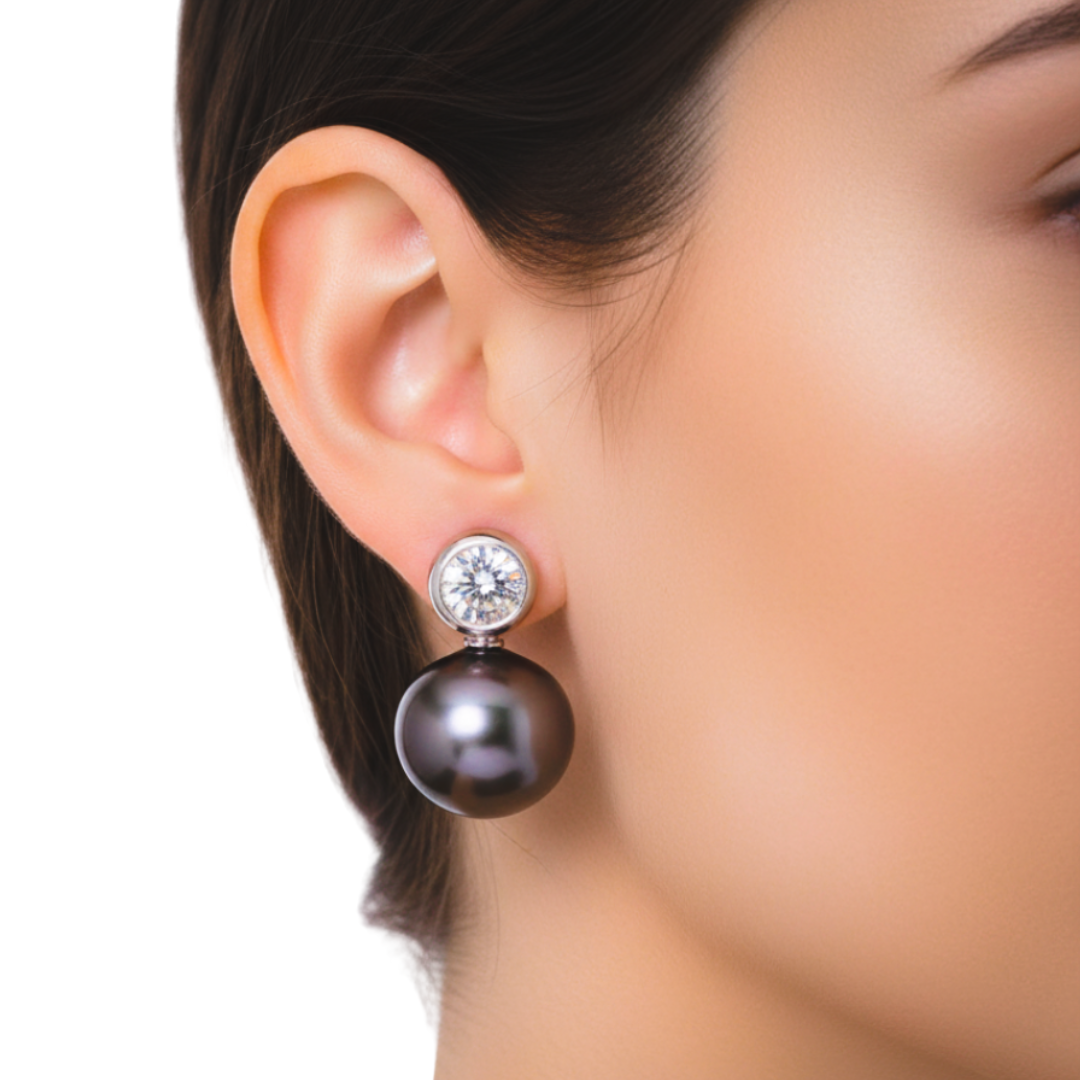 tahitian south sea pearl and diamond in white gold earrings when-worn | LONDON LOANS