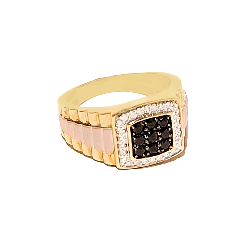 two tone gold men's ring with white and black diamonds