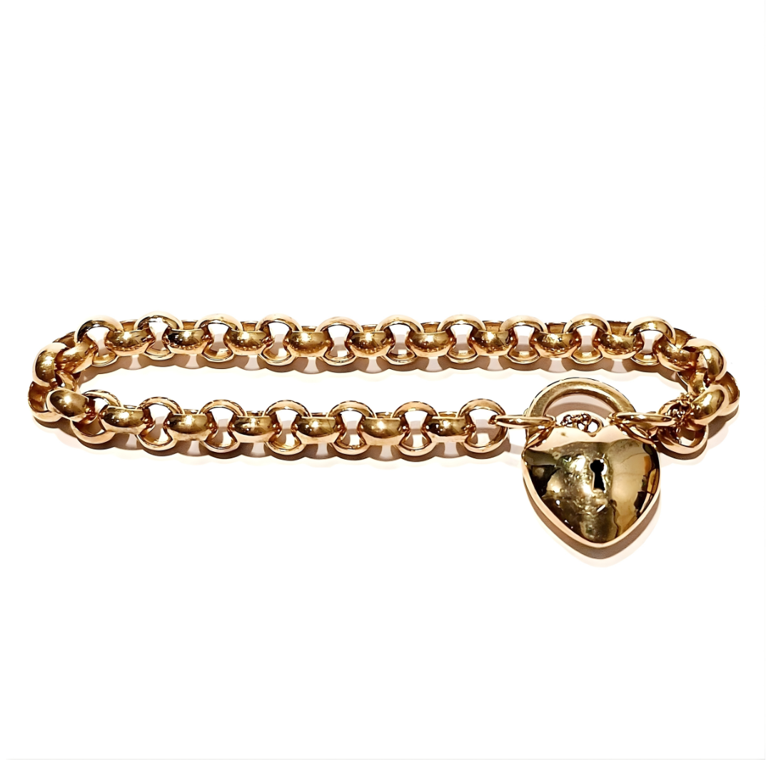yellow gold belcher chain bracelet with heart padlock | LONDON LOANS