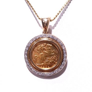 22ct Gold Half Sovereign Medallion in 9ct Yellow Gold Diamond Pendant