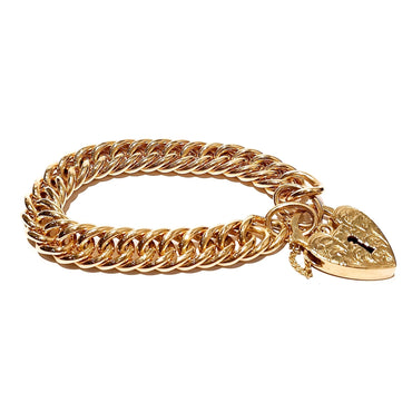 9ct Yellow Gold Curb Link Bracelet With Engraved Heart Padlock Clasp