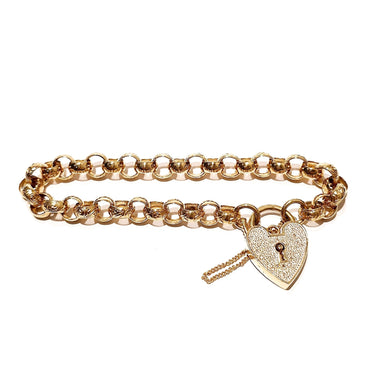 9ct Yellow Gold Belcher Bracelet with Diamond Heart Padlock