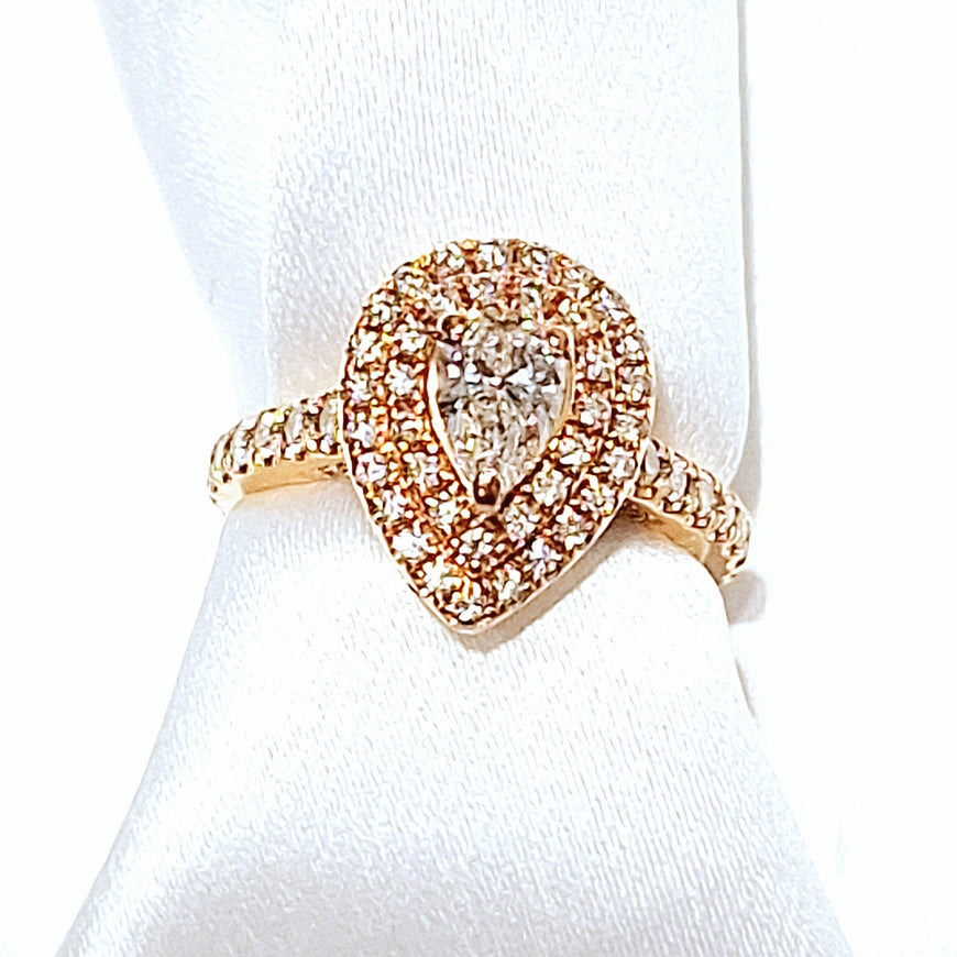 14ct Rose Gold Pear Cut Halo 1.25ct Diamond Cluster Ring With A Pink Sapphire