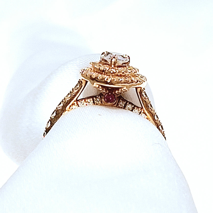 14ct Rose Gold Pear Cut Halo 1.25ct Diamond Cluster Ring With A Pink Sapphire