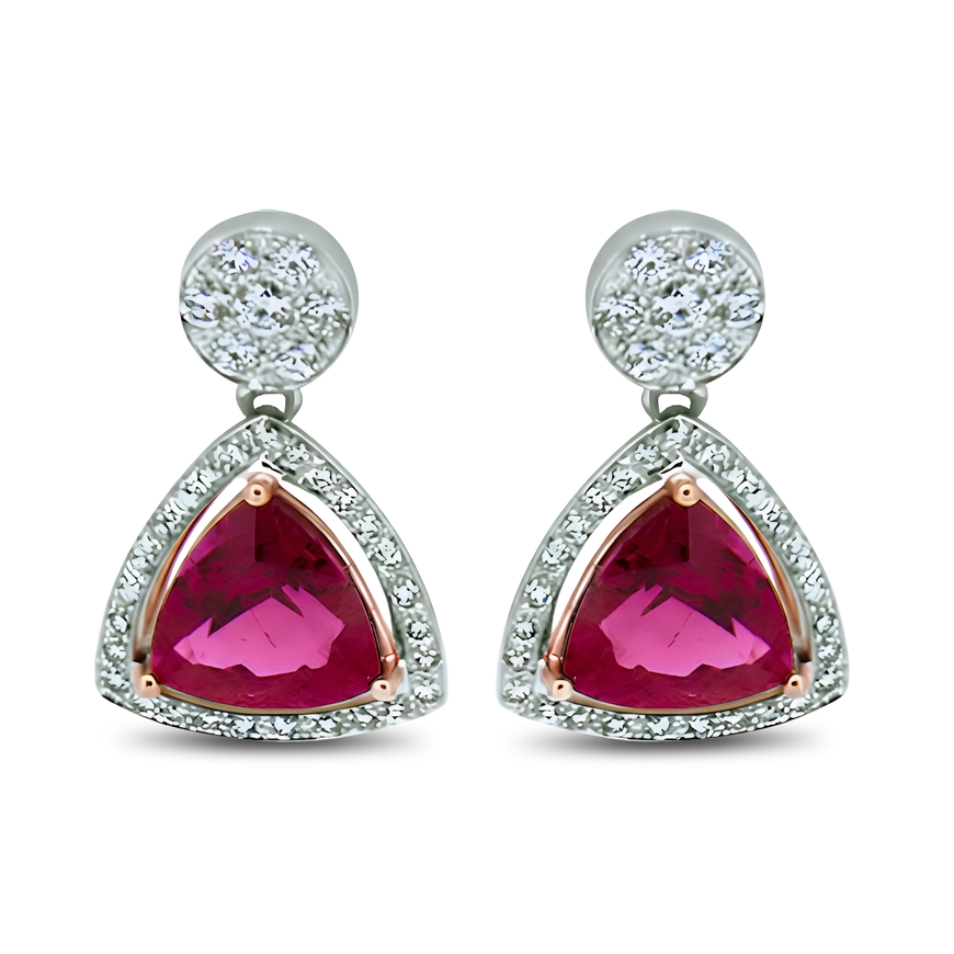 7.13ct Tourmaline & Diamond Drop Handmade Earrings in 18k Rose and White Gold