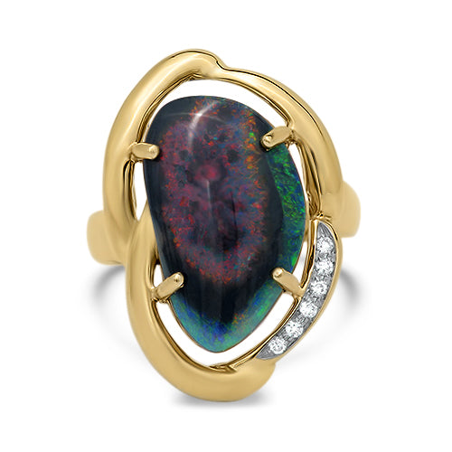 7.86ct Lightning Ridge Black Opal and Diamond Ring in 18ct Yellow Gold