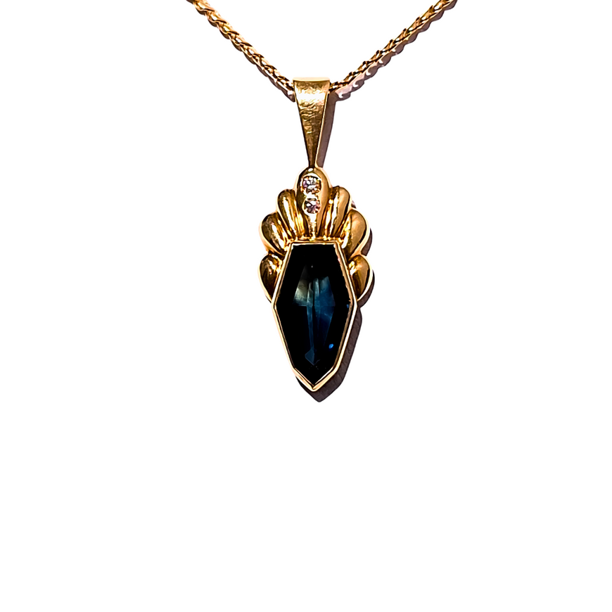 Australian Sapphire and Diamond Handmade Pendant in Yellow Gold