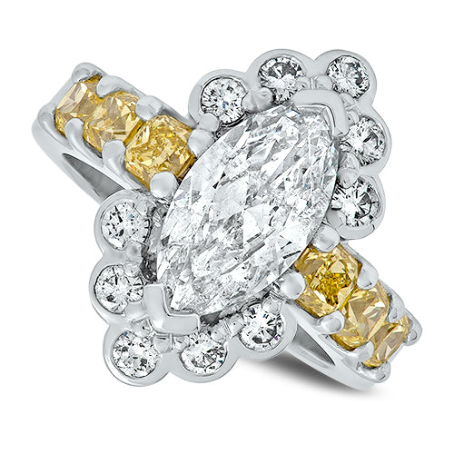 3.97ct Marquise Cut Diamond Ring with Natural Fancy Yellow Diamonds Handmade Set in Platinum