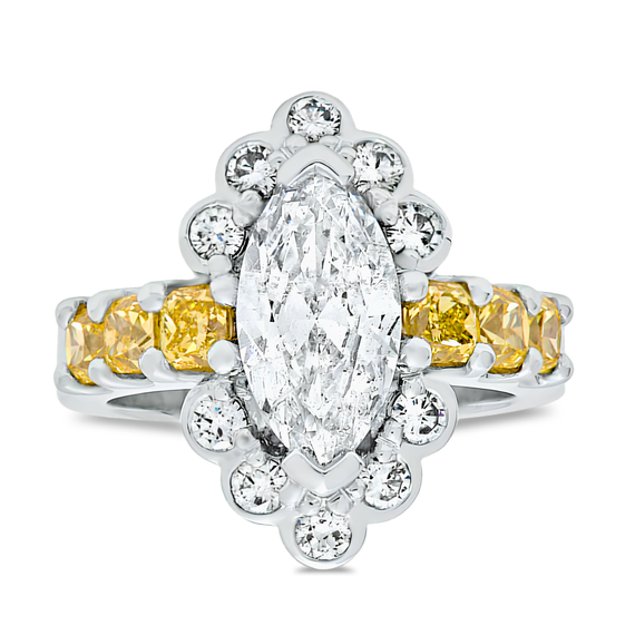 3.97ct Marquise Cut Diamond Ring with Natural Fancy Yellow Diamonds in Platinum