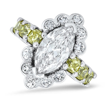 3.97ct Marquise Cut Diamond Ring with Natural Fancy Yellow Diamonds Handmade Set in Platinum