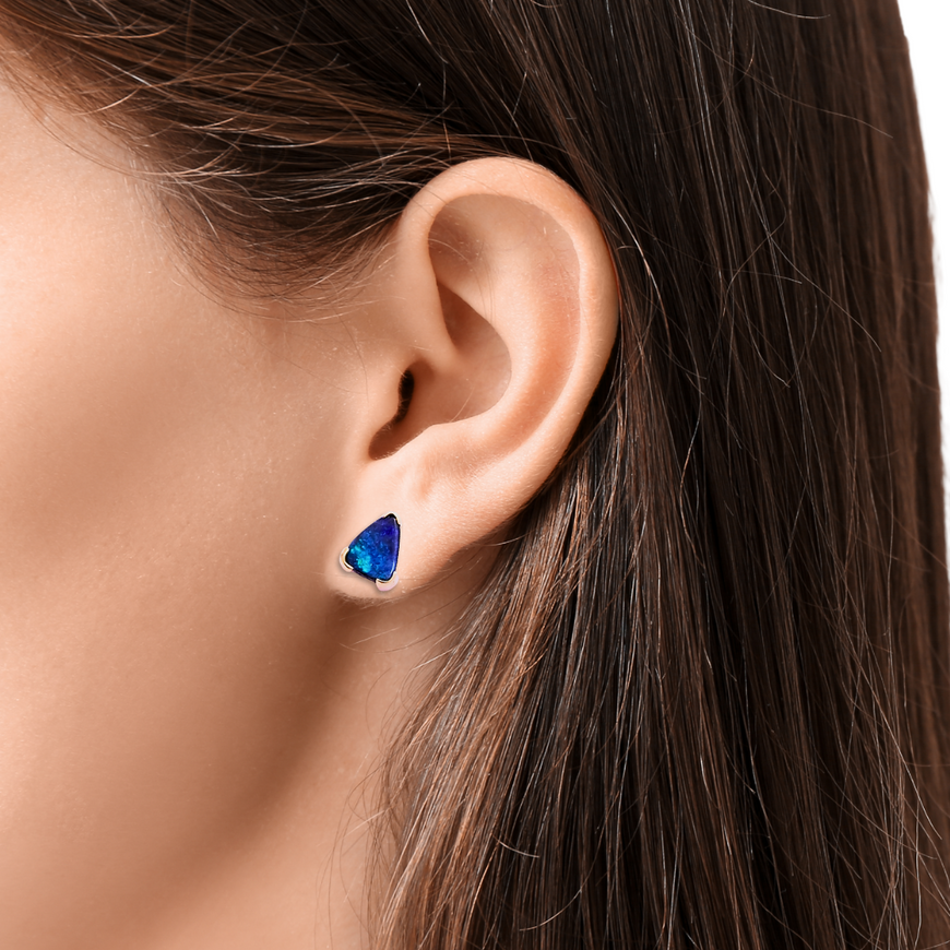 18ct Yellow Gold Blue Opal Triangle Earrings