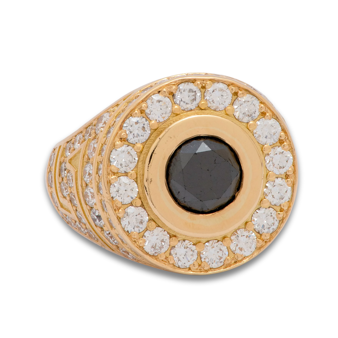 Black and White Diamond Men's Ring in Yellow Gold