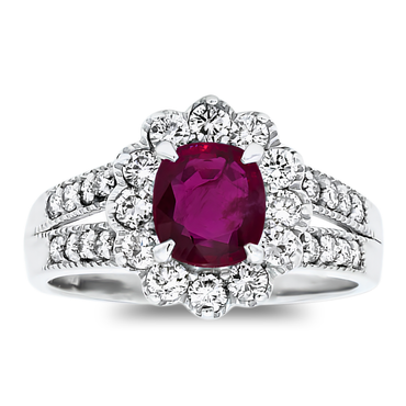 1.71ct Natural Ruby and Diamond Cluster Ring in 18k White Gold