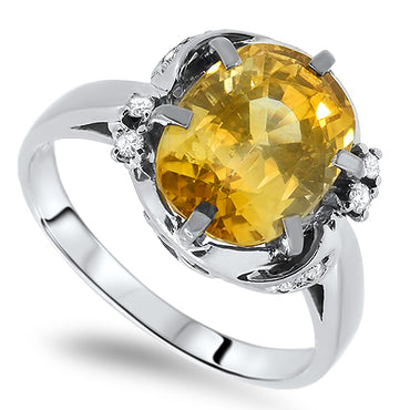 Natural Yellow Sapphire & Diamond Handmade Ring in Platinum top view