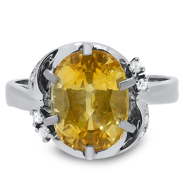 Natural Yellow Sapphire & Diamond Handmade Ring in Platinum front