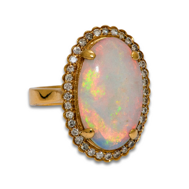 Solid Natural Opal and Diamond Handmade Ring in Yellow Gold