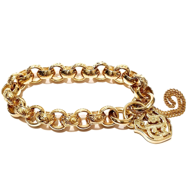 yellow gold belcher chain bracelet with filigree lock clasp | LONDON LOANS