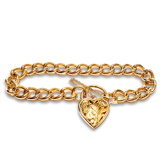 yellow gold chain bracelet with heart padlock | LONDON LOANS