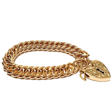 yellow gold chain bracelet with engraved heart padlock clasp charm | LONDON LOANS