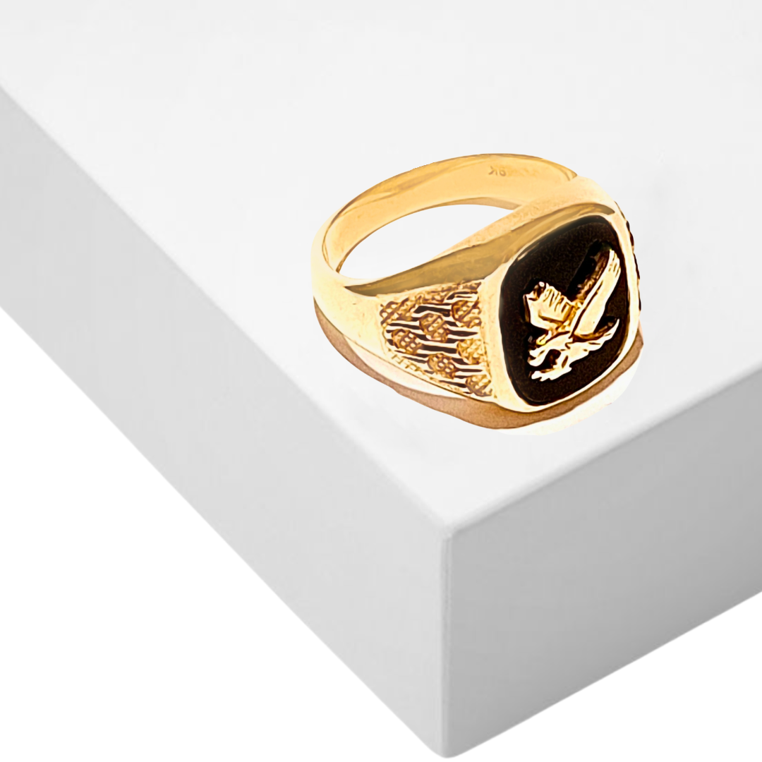 yellow gold onyx eagle signet men's ring