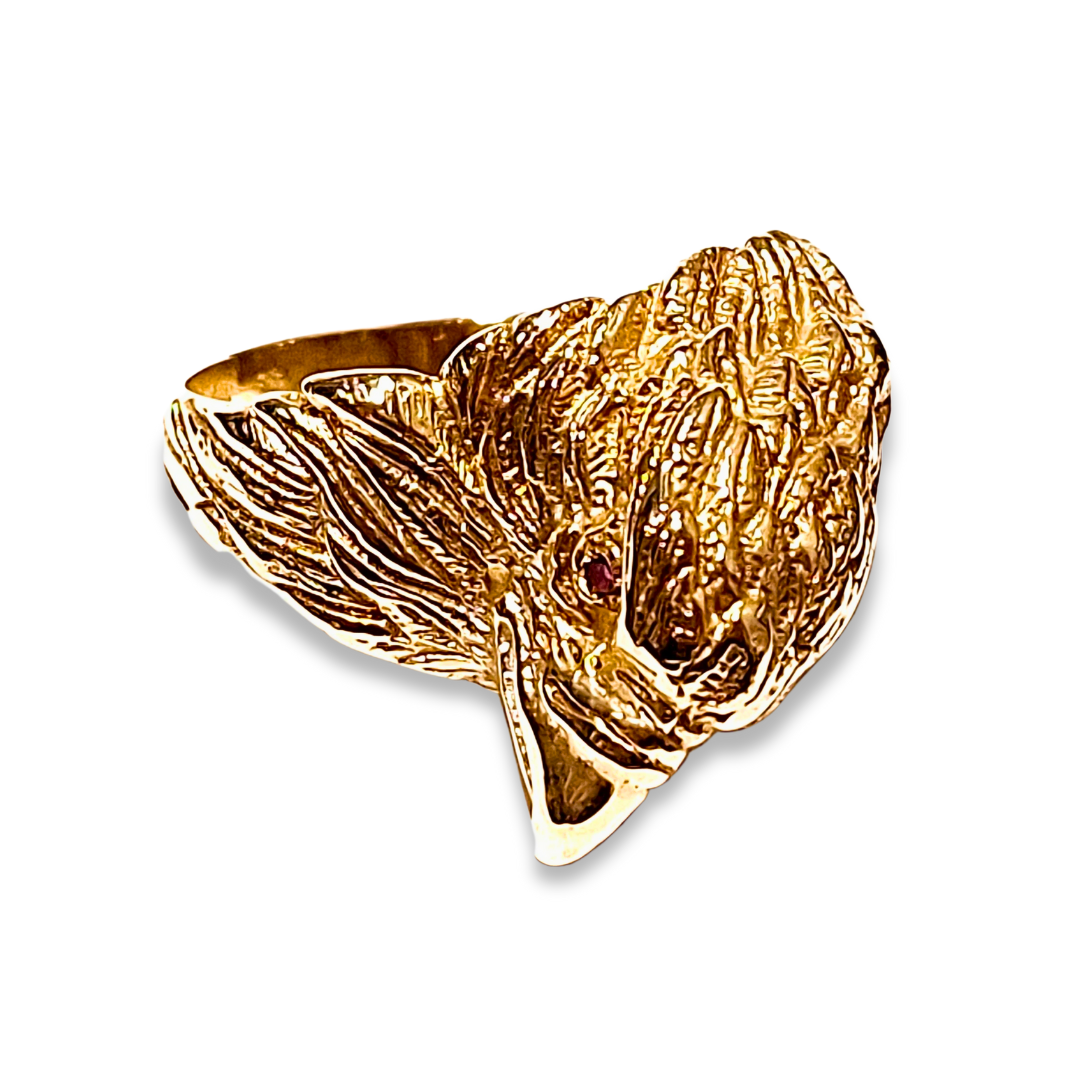 yellow gold men's eagle ring with ruby eyes | LONDON LOANS