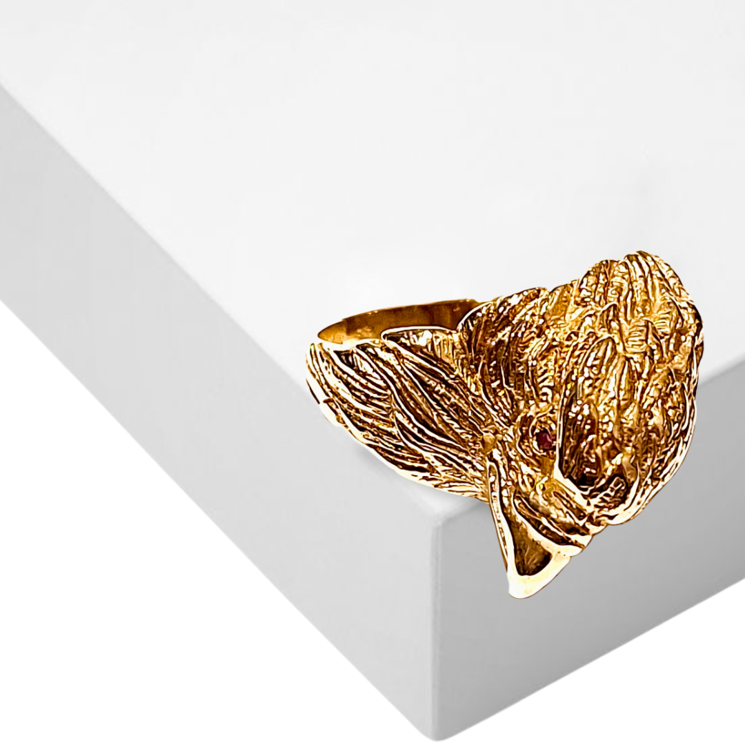 yellow gold men's eagle ring with ruby eyes | LONDON LOANS