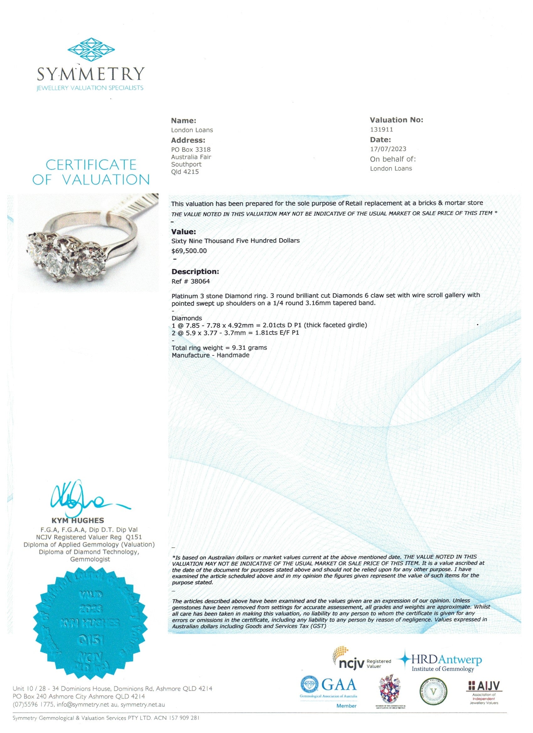 3.82ct Diamond Trilogy Style Diamond Ring with D Colour Centre in Platinum