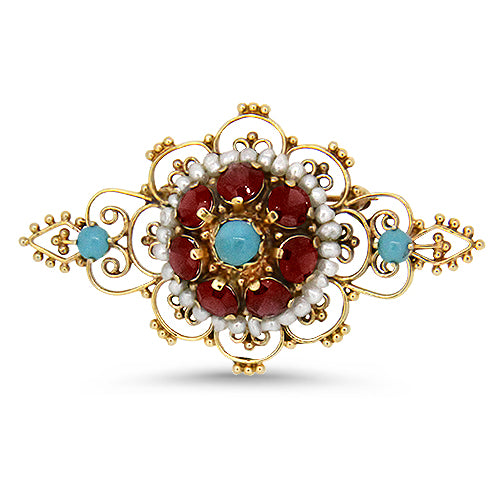 Turquoise, Garnet and Seed Pearls Brooch in 14k Yellow Gold