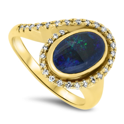 Black Lightning Ridge Solid Opal and Diamond Handmade Ring