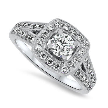 1.00ct Diamond Halo Set Ring in 14ct White Gold & E Colour Diamond