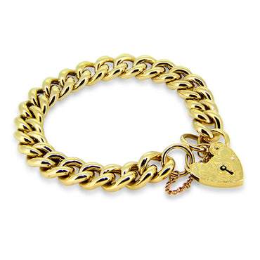 9ct Yellow Gold Curb Link Bracelet with a Heart Padlock