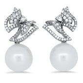 1.15ct Diamond and South Sea Pearl Bow Designed Earrings in 18k White Gold | London Loans