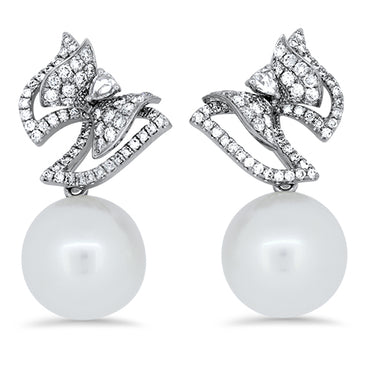 1.15ct Diamond and South Sea Pearl Bow Designed Earrings in 18k White Gold | London Loans