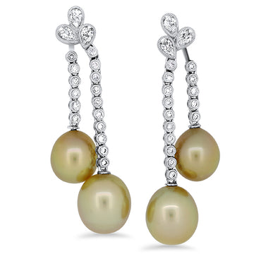 1.32ct South Sea Golden Pearl and Diamond Drop Earrings in 18k White Gold | London Loans