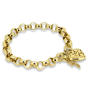 9ct Yellow Gold Belcher Filigree Heart Padlock Bracelet